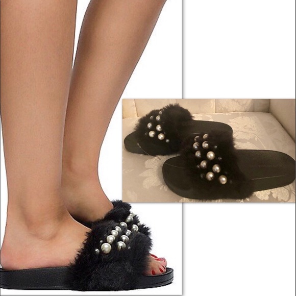 PEARL FURRY BLACK EMBELLISHED SLIDE - Picture 4 of 7